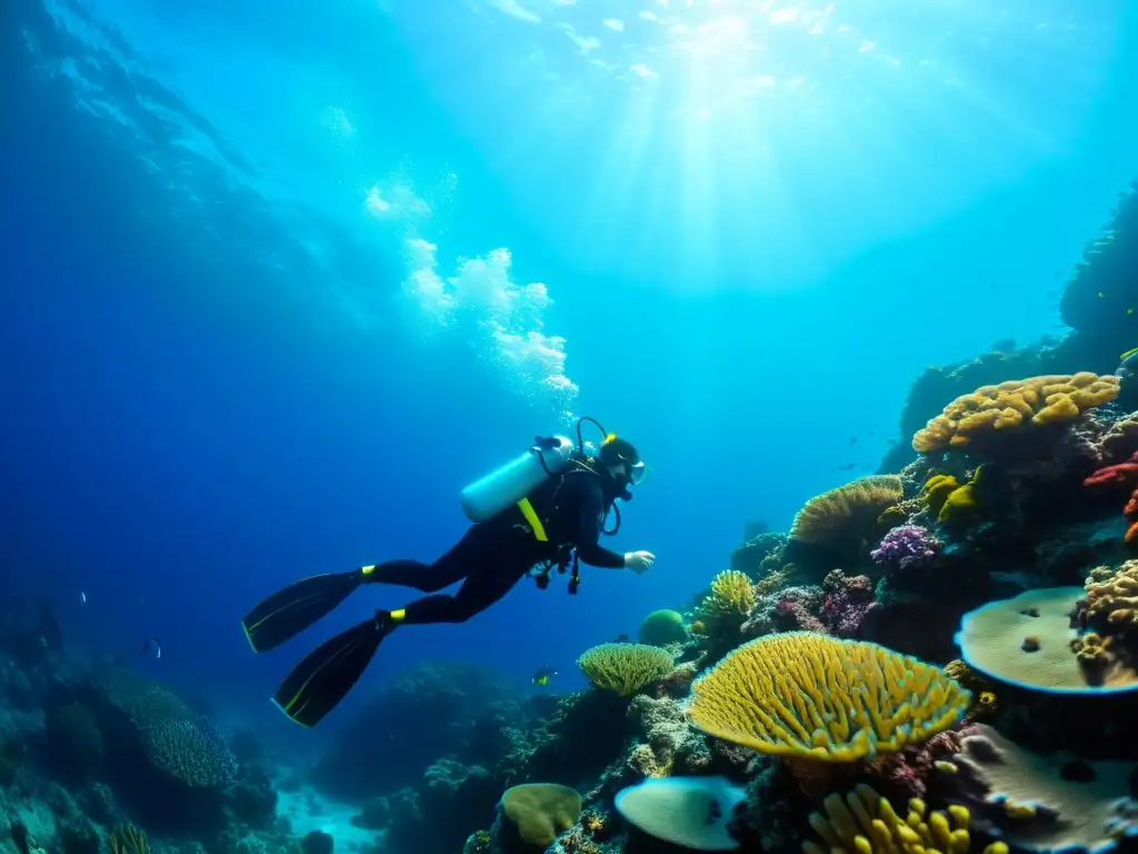 Un buzo con narcosis de nitrógeno explorando un mundo submarino lleno de vida y color en las profundidades del océano azul