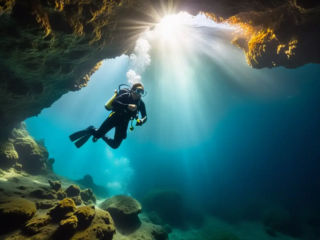 Un buzo con narcosis de nitrógeno emerge de una oscura cueva submarina, rodeado de burbujas y luz solar