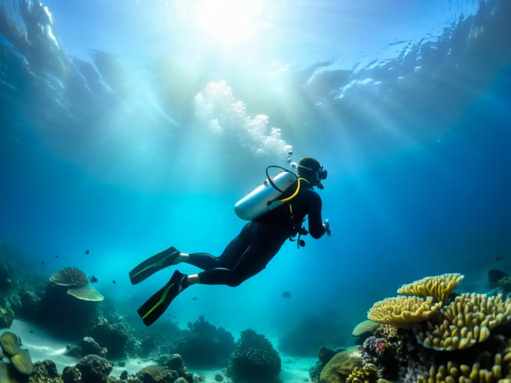 Un buzo con narcosis de nitrógeno explora un paisaje submarino de coral vibrante, evocando serenidad y misterio