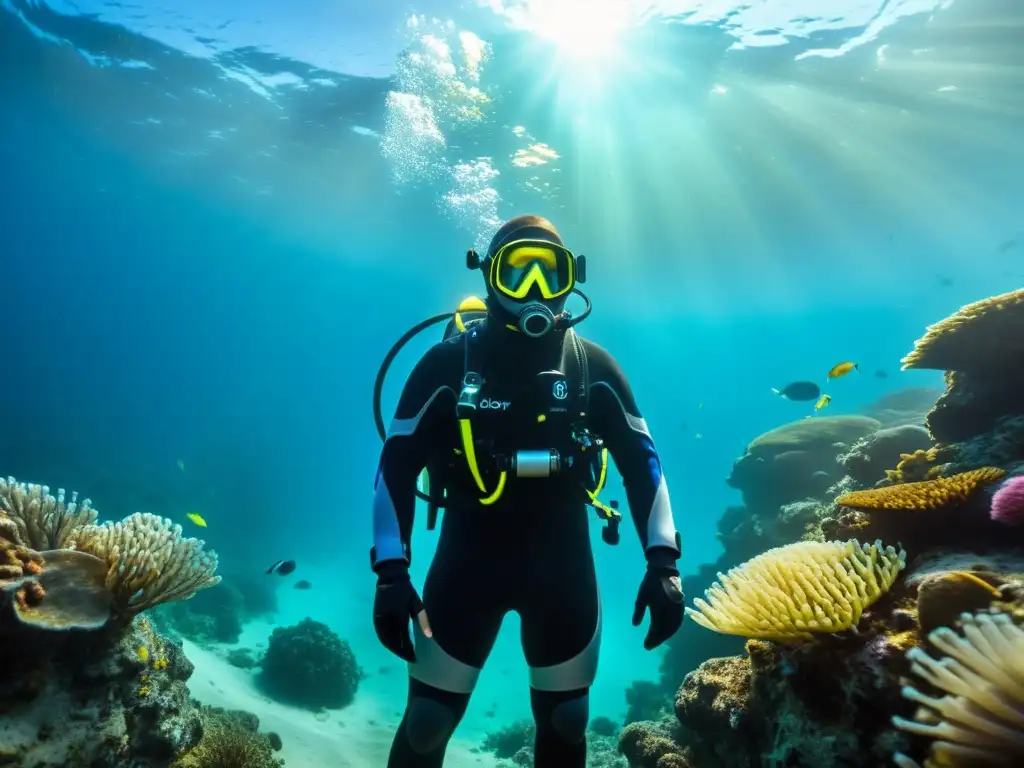 Un buzo en neopreno inteligente para buceo adaptabilidad térmica, rodeado de vida marina vibrante en aguas cristalinas