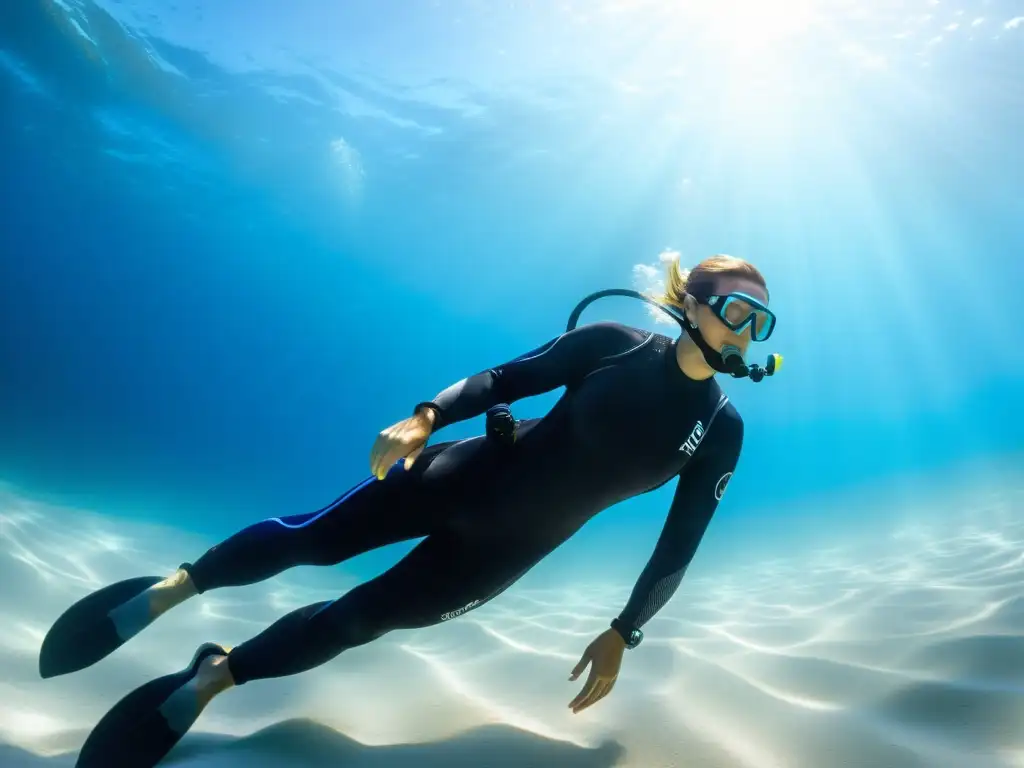 Un buzo con neopreno negro se desliza elegantemente en aguas cristalinas, mostrando la adaptabilidad térmica de los neoprenos inteligentes para buceo