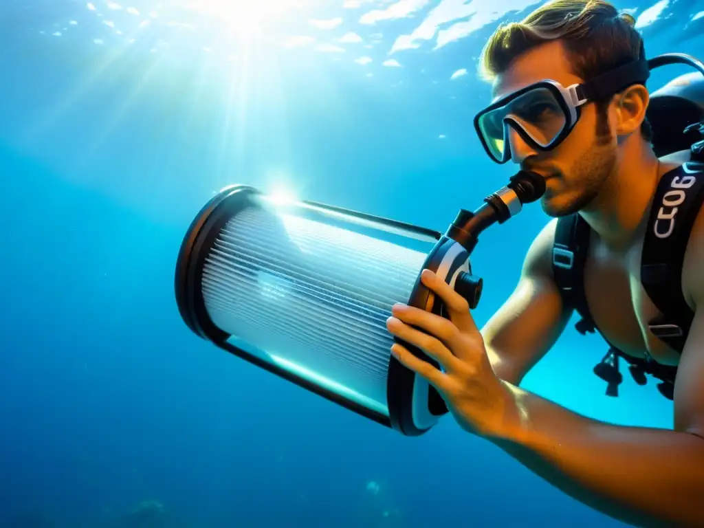 Un buzo explora un nuevo filtro de aire para buceo en aguas cristalinas