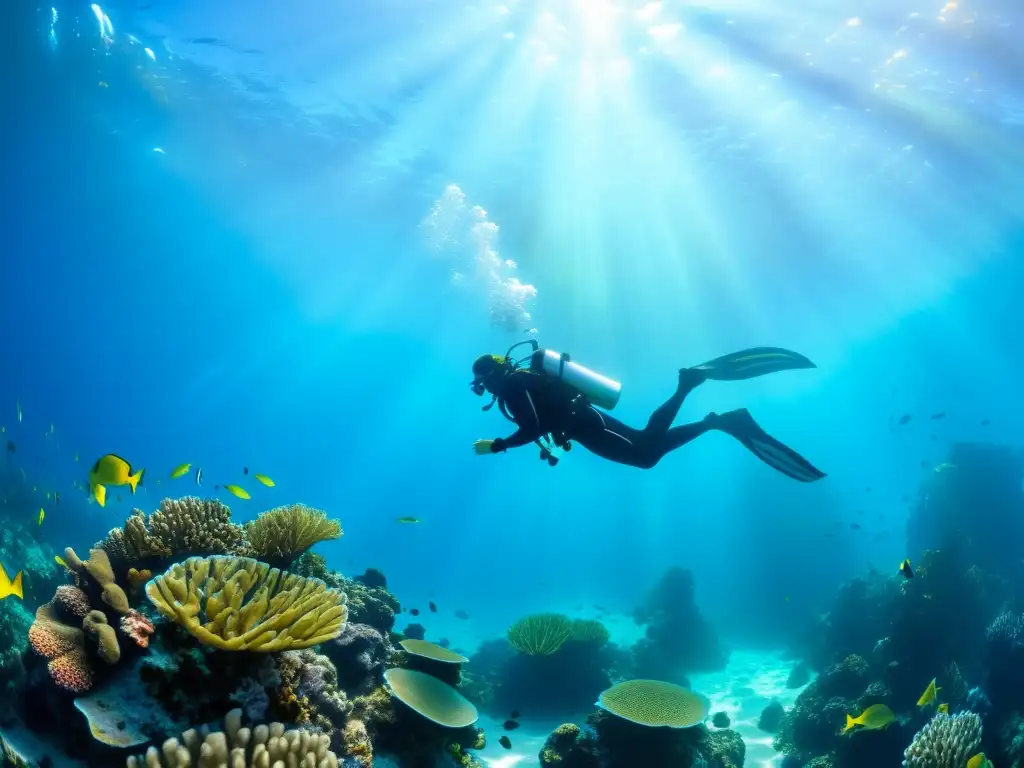 Un buzo cruza el océano rodeado de vida marina y coloridos arrecifes de coral