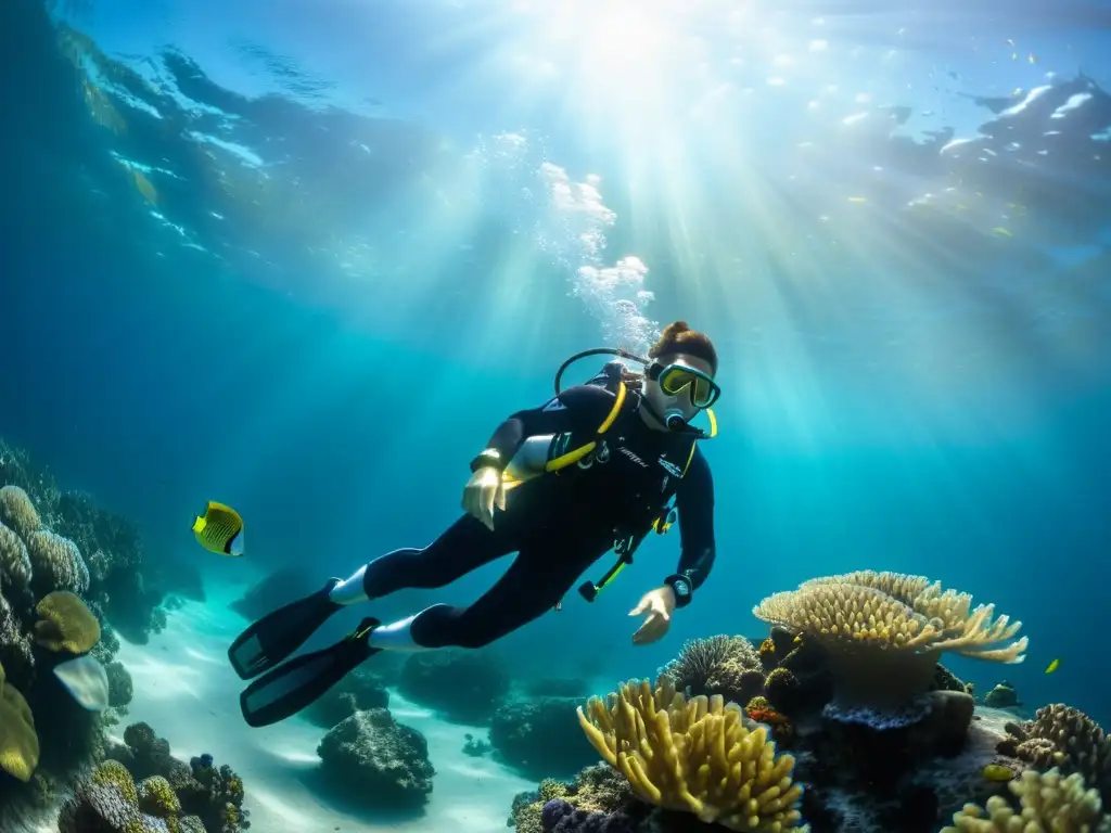 Un buzo explora el océano rodeado de vida marina y arrecifes de coral, con un traje seco para exploración marina