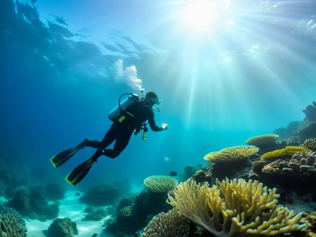 Un buzo en un paisaje submarino sereno rodeado de arrecifes de coral y vida marina, mostrando técnicas de visualización para buceo