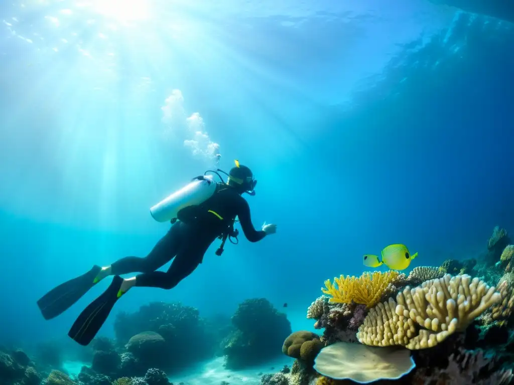 Un buzo explora en paz un vibrante arrecife de coral, con peces coloridos y corales suaves meciéndose con la corriente