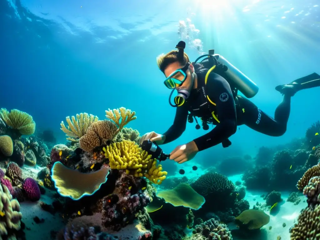 Un buzo ajusta con precisión su equipo de buceo personalizado bajo el agua, con el resplandor del sol iluminando el arrecife de coral al fondo