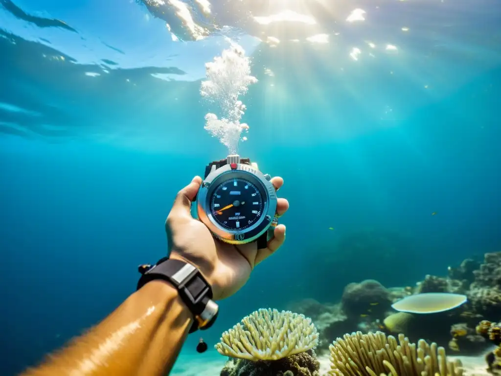 Un buzo ajusta la presión en un manómetro bajo el agua, con la vibrante vida marina de fondo