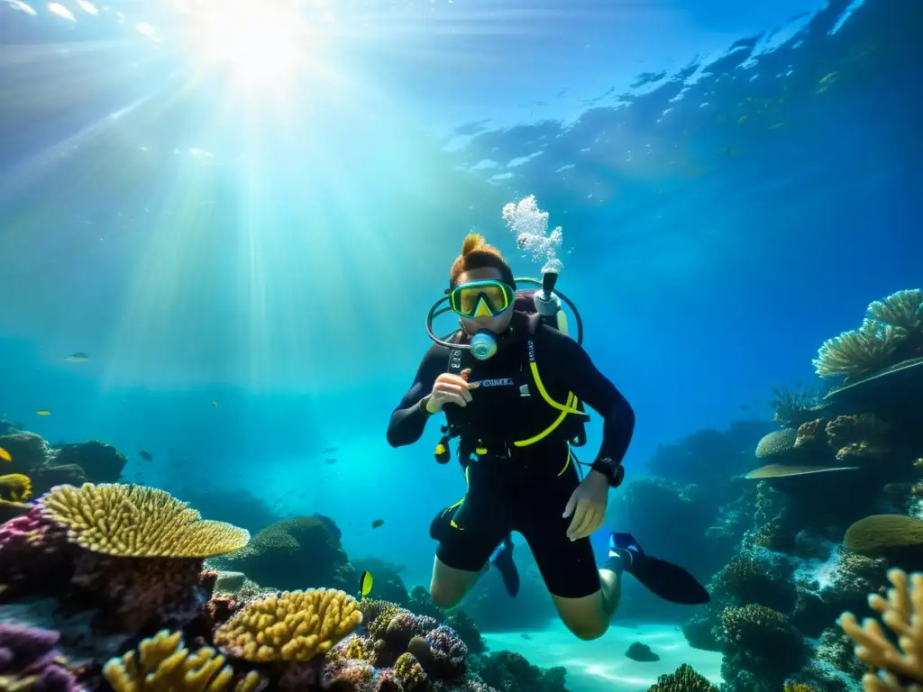 Un buzo profesional con chaleco de buceo híbrido explora un colorido arrecife de coral, bajo la luz del sol