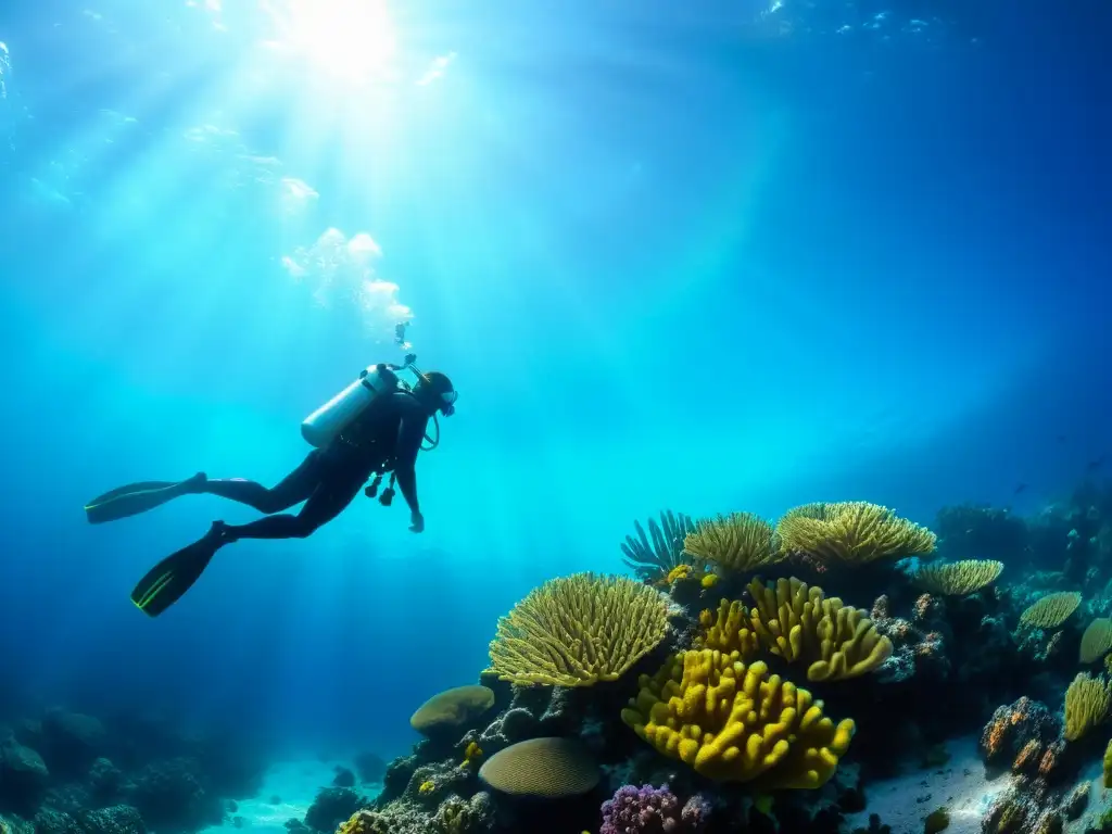 Un buzo profesional nada entre corales y peces, iluminando el agua con una potente linterna de buceo