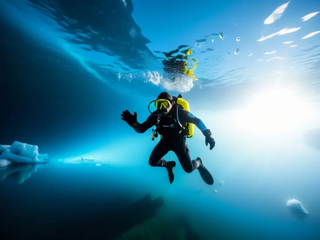 Un buzo profesional explora con gracia un paisaje surrealista bajo el hielo en un lago congelado en un curso de buceo hielo extremo