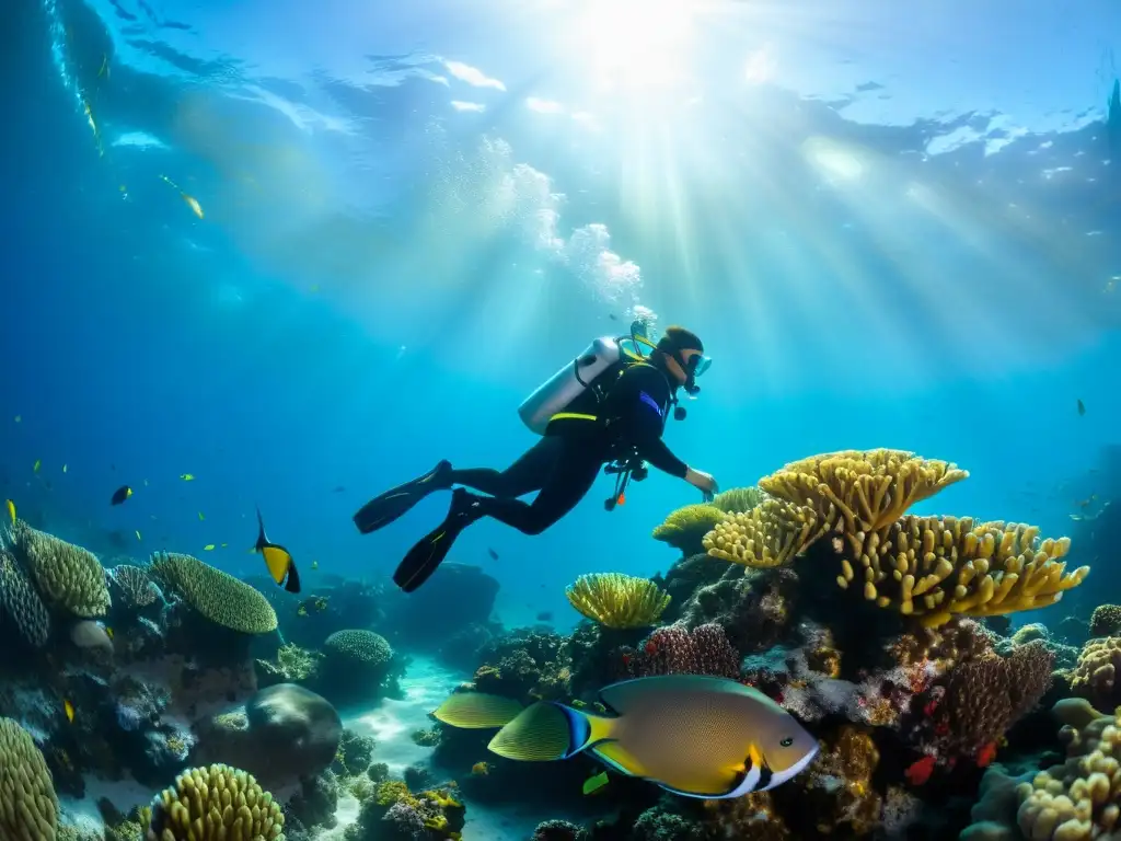 Un buzo profesional navega con gracia entre un vibrante arrecife de coral