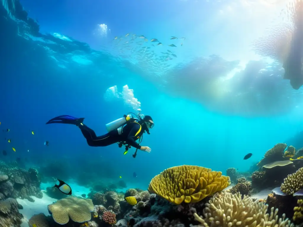 Un buzo profesional flotando entre peces tropicales y coloridos corales, capturando la belleza de la vida marina