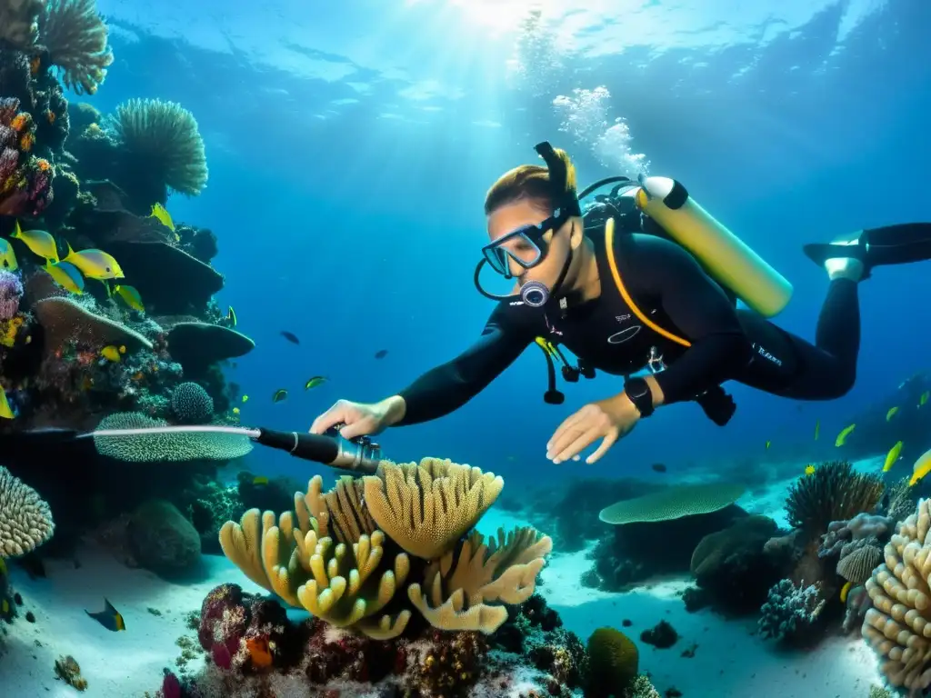 Profesional limpiando cámara en arrecife de coral Un buzo profesional cuida y mantiene con precisión su equipo fotográfico submarino rodeado de coloridos arrecifes de coral y vida marina vibrante