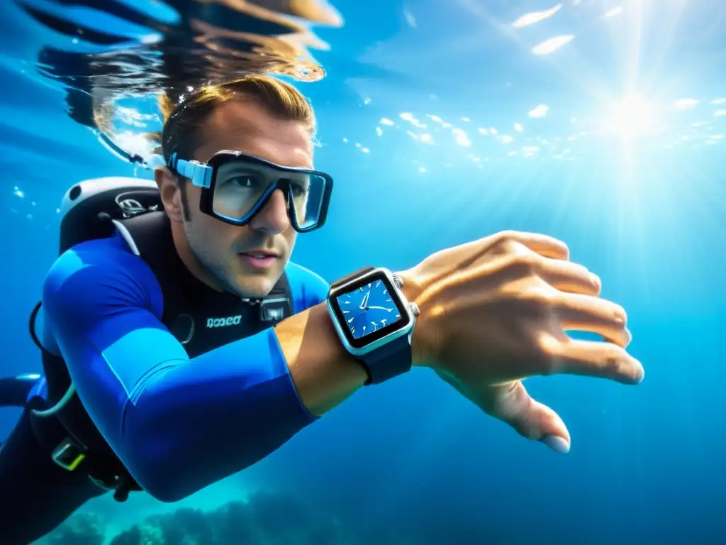 Un buzo profesional lleva un smartwatch de buceo para salud submarina, rodeado por el azul cristalino del mar