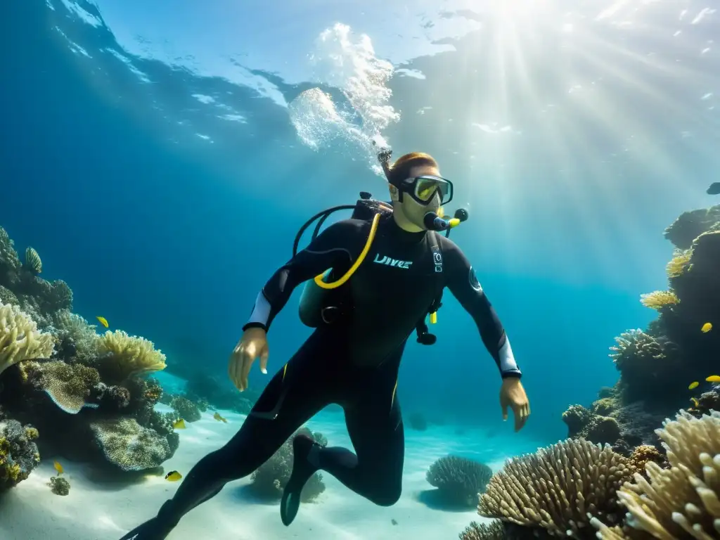 Un buzo profesional con traje de neopreno negro y equipo de buceo, nadando con gracia en aguas cristalinas