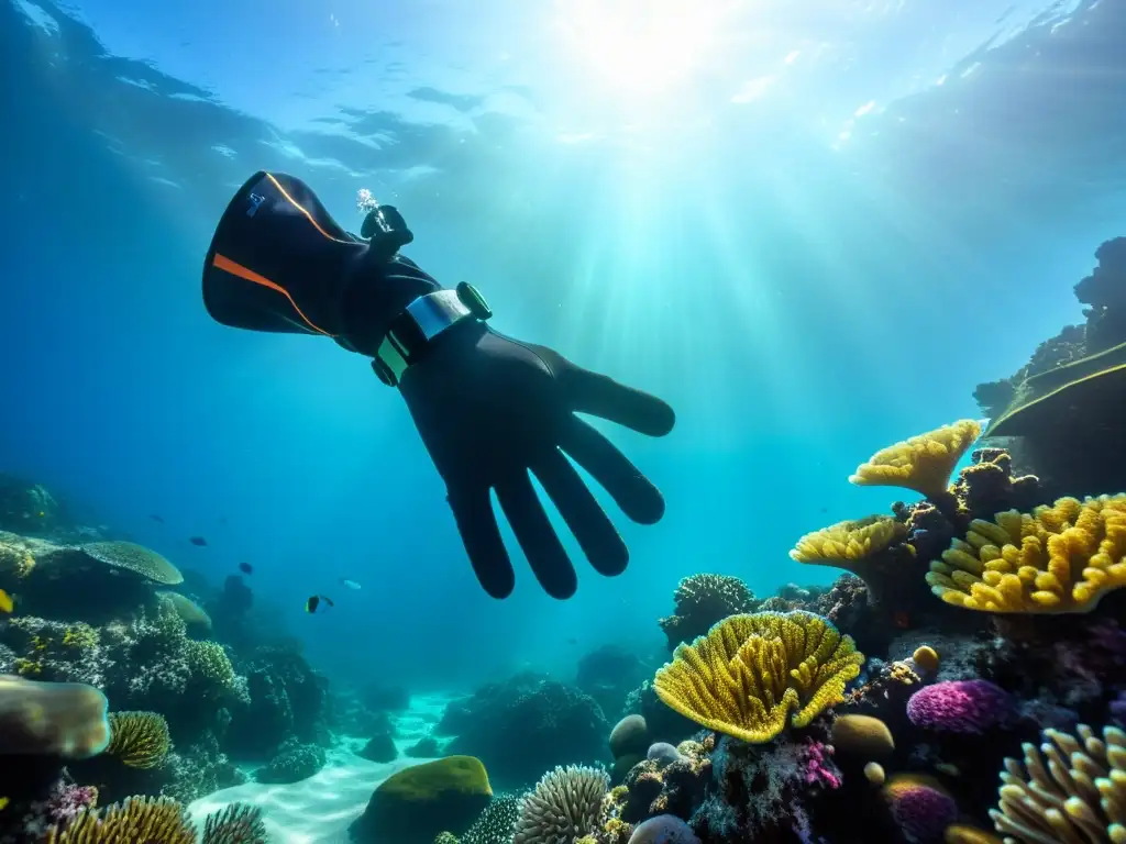 Un buzo lleva puestos los mejores guantes de buceo, mostrando su resistencia y agarre al explorar un arrecife de coral vibrante