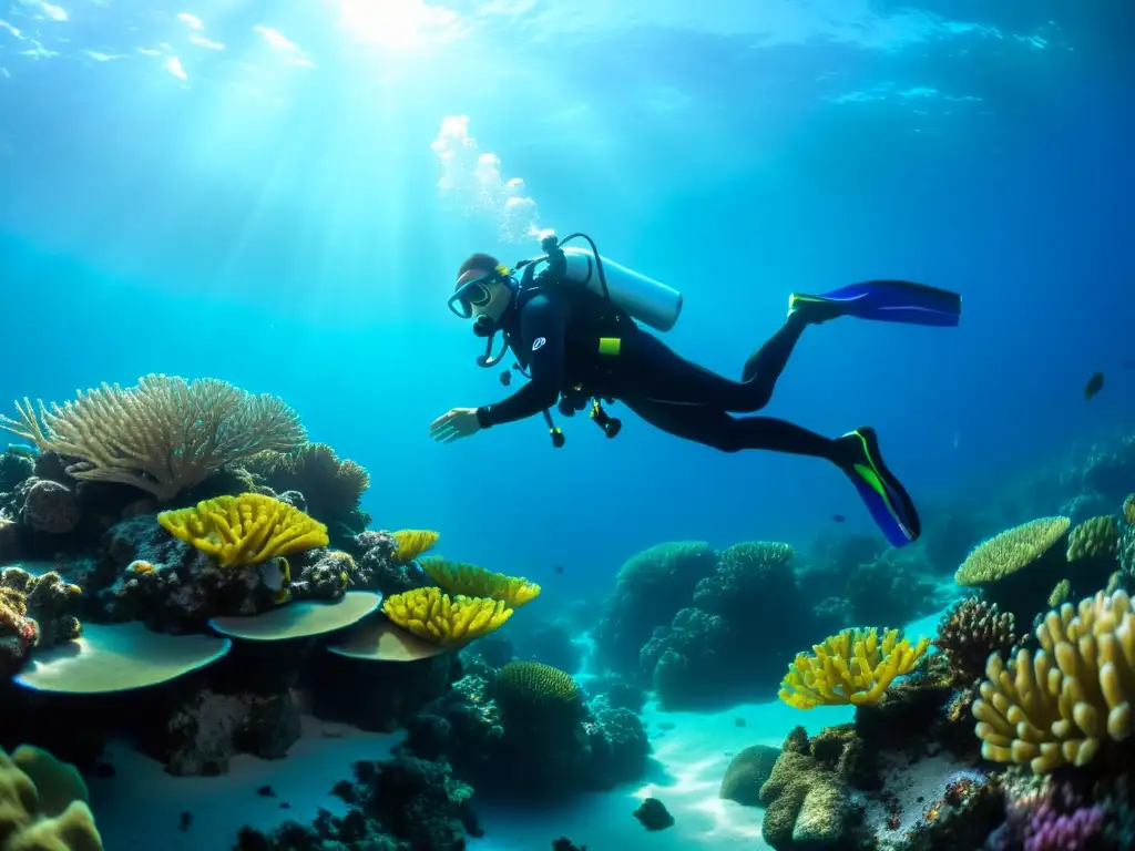 Un buzo nada con un regulador ScubaPro MK25 en aguas cristalinas, rodeado de vida marina y arrecifes de coral