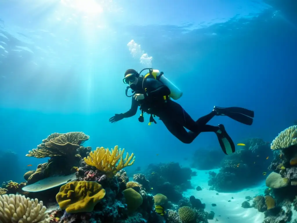 Un buzo de rescate con certificación Rescue Diver en vida marina asiste a otro buzo en un vibrante arrecife coralino repleto de vida marina