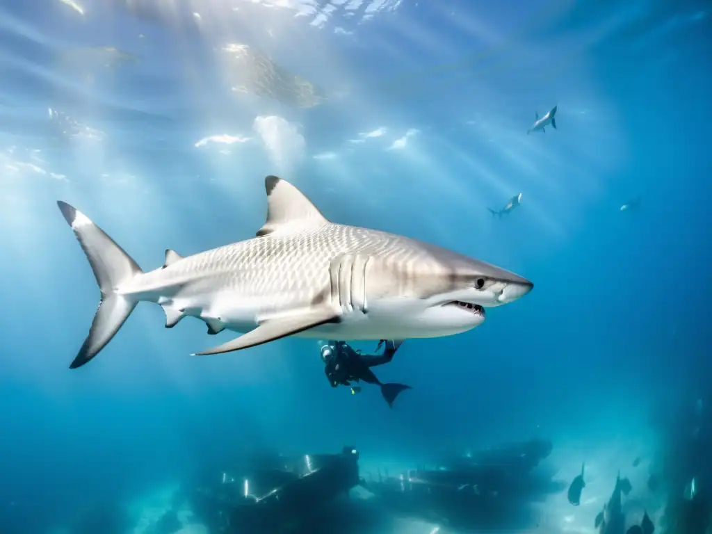 Un buzo observa con respeto y asombro a los tiburones plateados durante un encuentro seguro con tiburones en aguas cristalinas