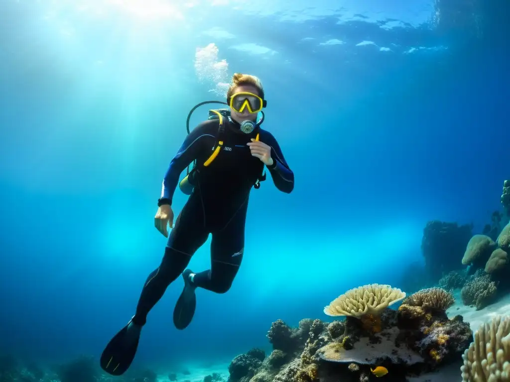 Un buzo disfruta de la serena belleza del agua fría, rodeado de vida marina, luciendo un traje térmico eficiente para buceo en aguas frías