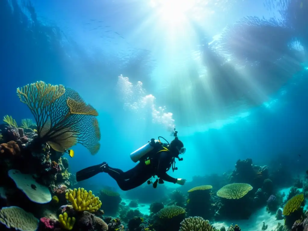 Un buzo silueteado frente a un vibrante arrecife de coral, con un moderno manómetro en la muñeca