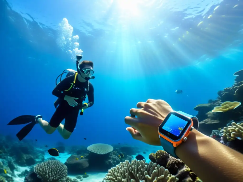 Un buzo lleva un smartwatch de buceo para salud submarina, rodeado de arrecifes de coral y vida marina vibrante en un entorno submarino impresionante