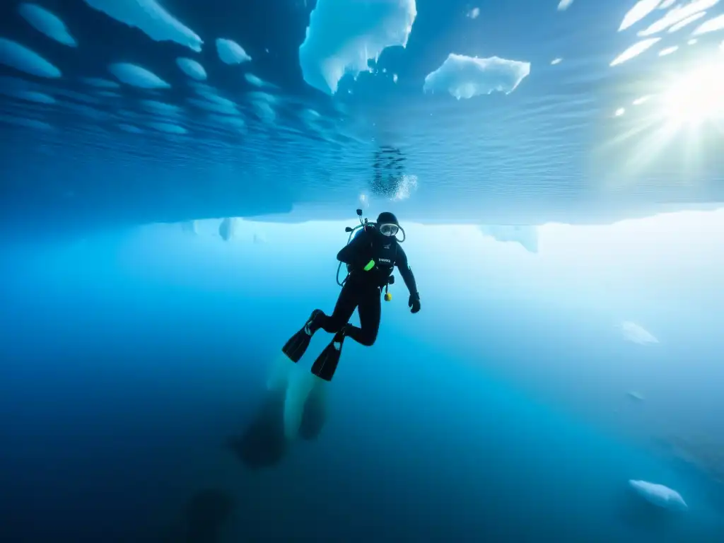 Un buzo en solitario explora las gélidas profundidades de un lago congelado, iluminando el paisaje surrealista con su linterna