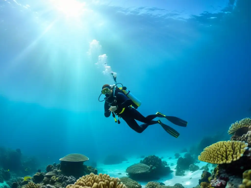 Un buzo suspendido en el agua cristalina del océano rodeado de arrecifes de coral y vida marina, demostrando técnicas avanzadas de flotabilidad marina