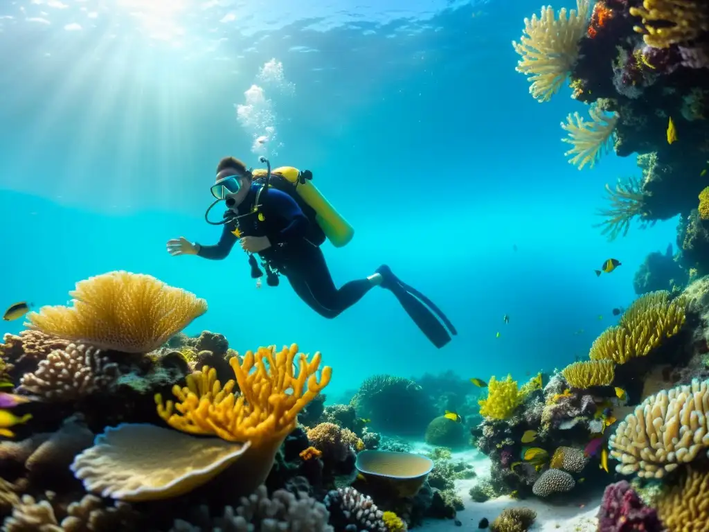 Un buzo realiza técnicas de análisis de muestras de agua marina en un vibrante arrecife de coral, rodeado de peces coloridos y plantas acuáticas