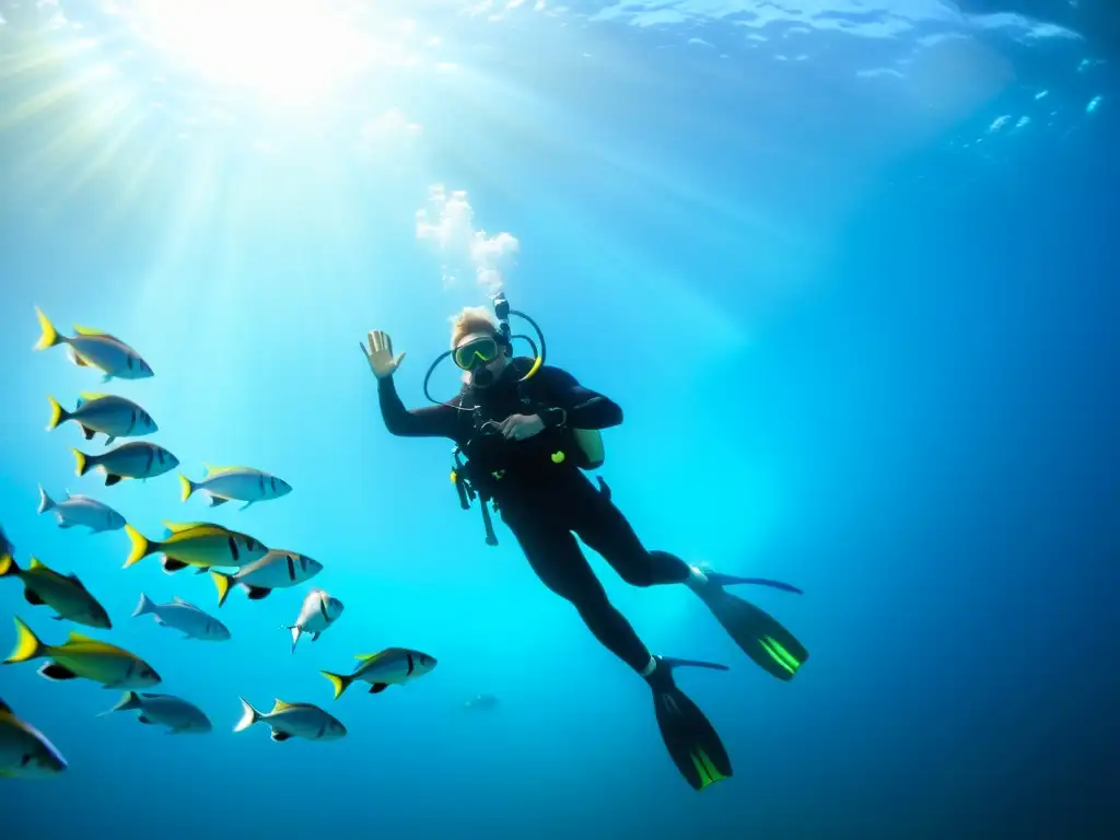 Un buzo ejecutando técnicas avanzadas de buceo perfecto, rodeado de peces coloridos en aguas cristalinas