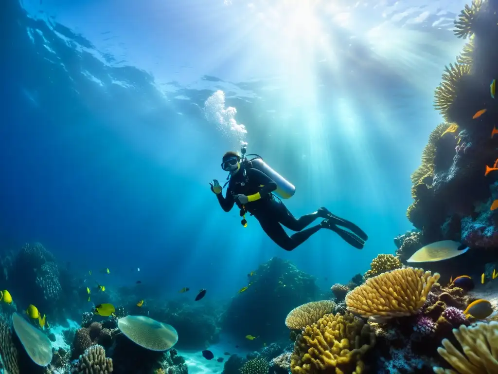 Un buzo desciende con técnicas avanzadas de buceo perfecto entre arrecifes de coral y vida marina vibrante en un mar dappled