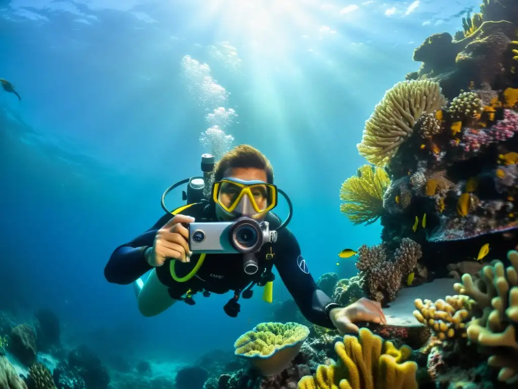 Un buzo ajusta las técnicas de captura de imágenes en aguas dinámicas, iluminando el vibrante arrecife de coral