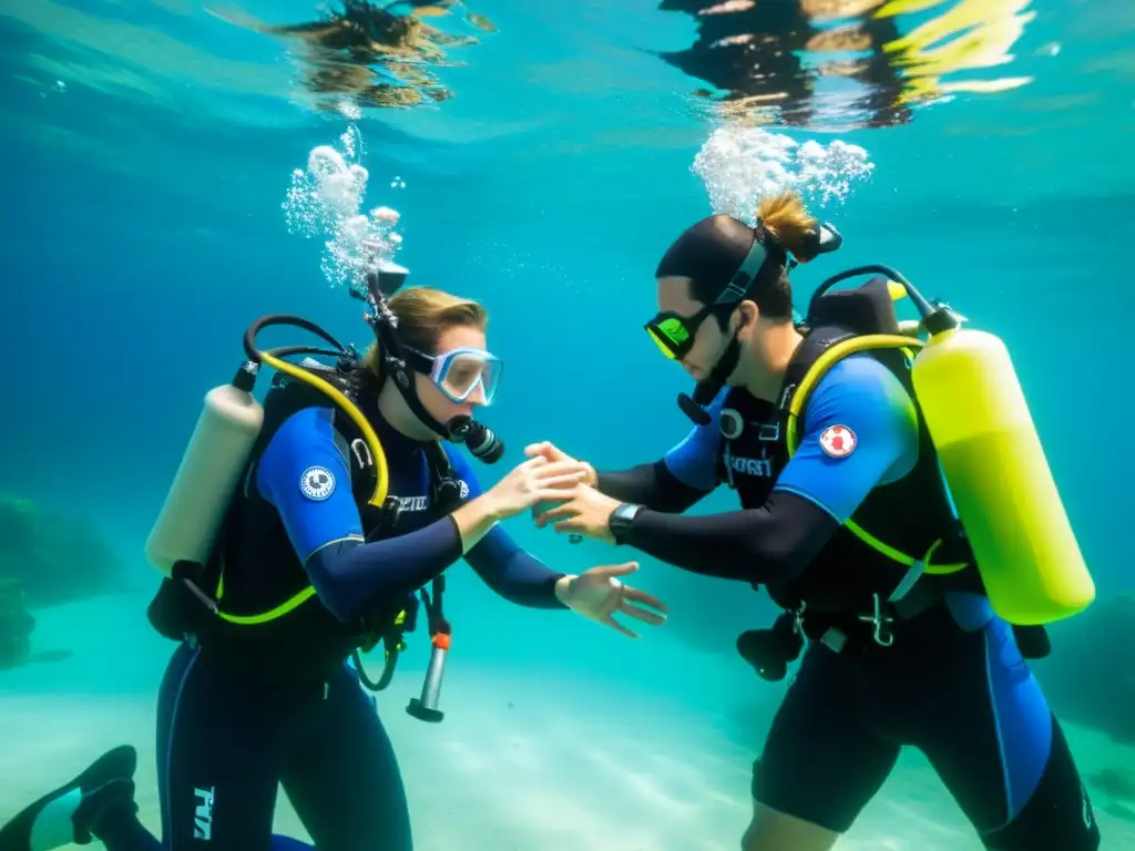 Un buzo asiste a otro en técnicas de primeros auxilios bajo el agua, mostrando la importancia del curso de primeros auxilios para buceadores