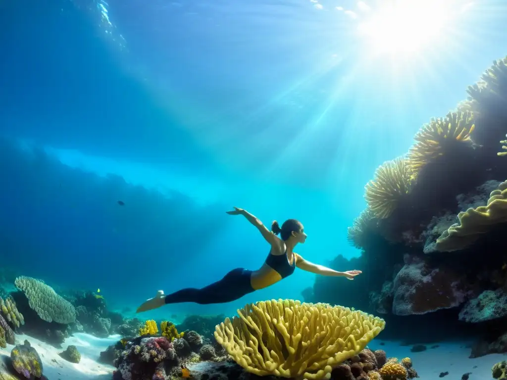 Yoga submarino: paz entre corales y el sol Un buzo practica técnicas de yoga entre corales vibrantes bajo el agua, combinando armonía y serenidad en el entorno submarino