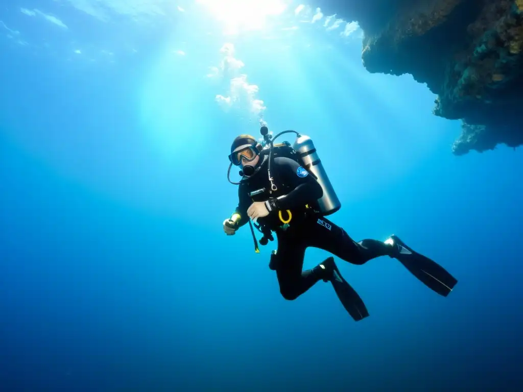 Un buzo técnico desciende con confianza en aguas cristalinas con su kit de buceo técnico profesional, creando una vista impresionante