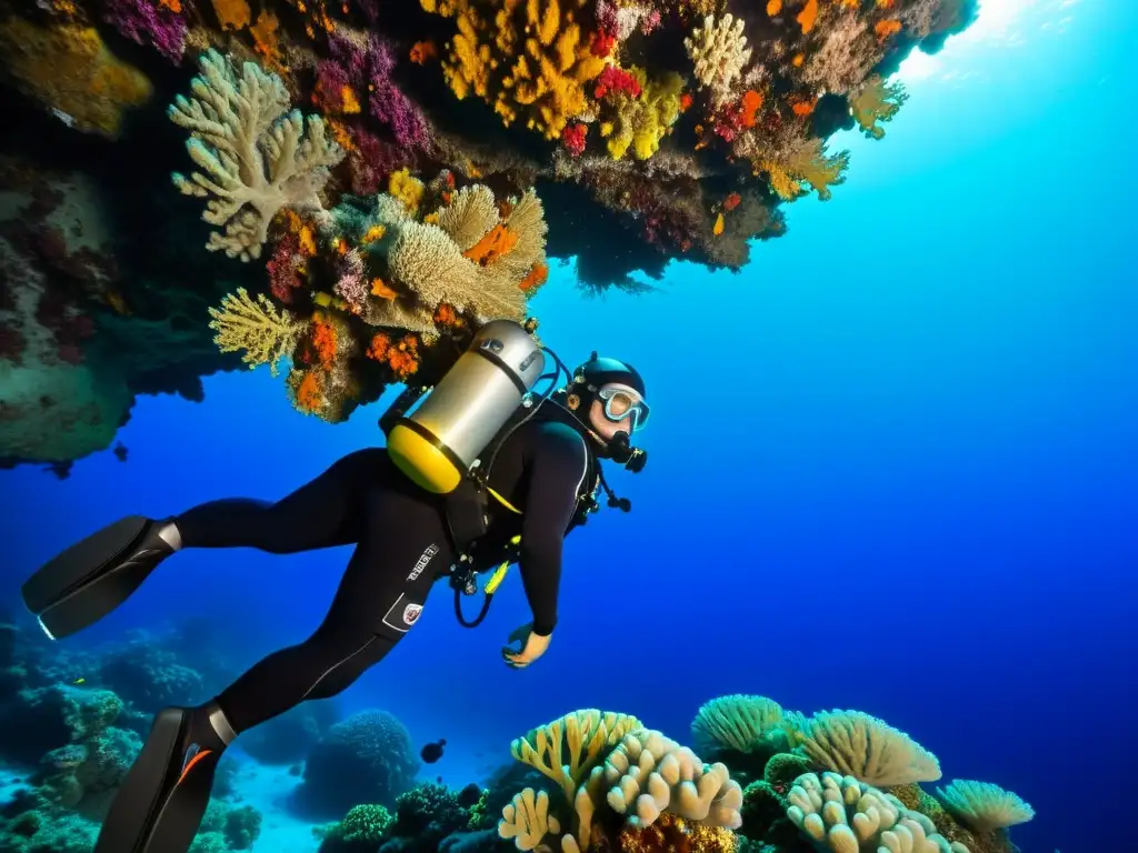 Un buzo técnico profesional desciende entre arrecifes de coral, rodeado de vida marina, mostrando su completo kit de buceo técnico profesional