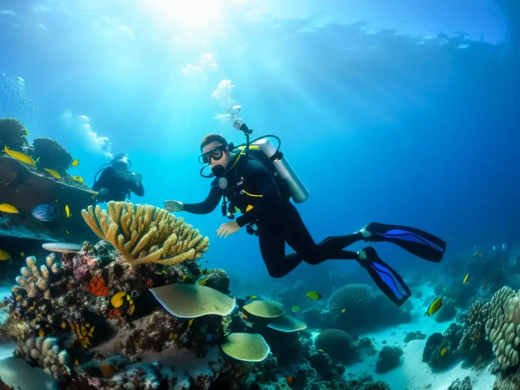 Un buzo técnico se prepara en un vibrante arrecife de coral, rodeado de vida marina colorida