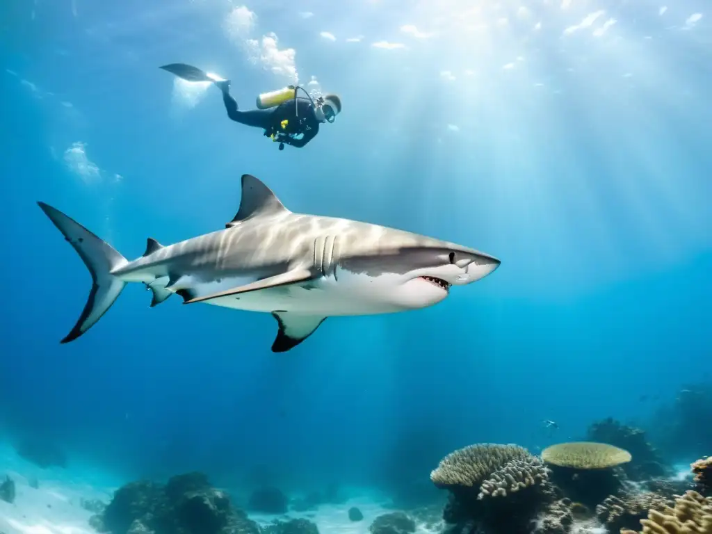 Un buzo filma un tiburón en aguas cristalinas, mostrando técnicas seguras para filmar tiburones en su hábitat natural