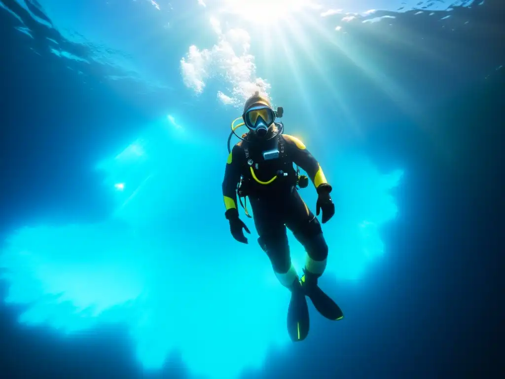 Un buzo lleva un traje de buceo aguas extremadamente frías, iluminado por un rayo de sol en aguas cristalinas y heladas