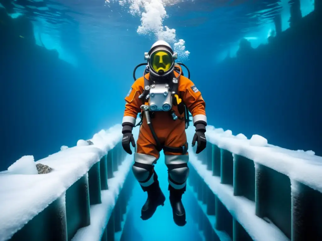 Un buzo en traje de buceo aguas extremadamente frías explora un profundo y helado abismo marino, rodeado de cristalina agua y formaciones de hielo