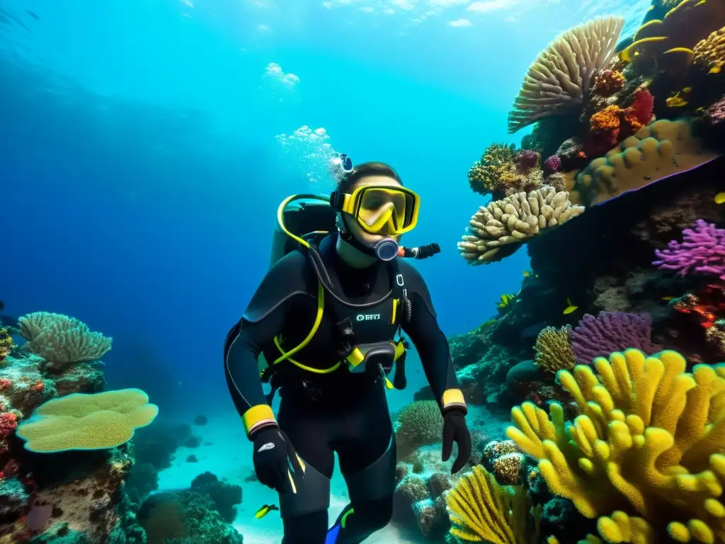 Un buzo viste un traje de buceo de alta tecnología entre vida marina colorida y arrecifes de coral, mostrando avances tecnológicos en trajes de buceo