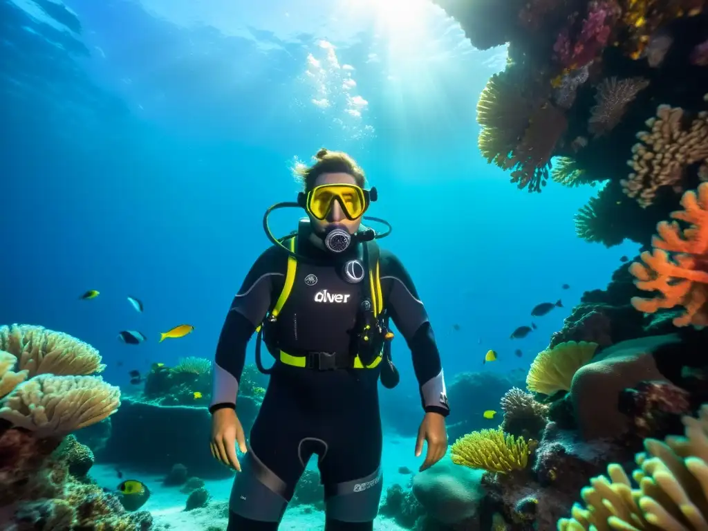 Un buzo usando un traje de buceo con regulación térmica rodeado de coloridos arrecifes de coral y vida marina en un entorno submarino realista