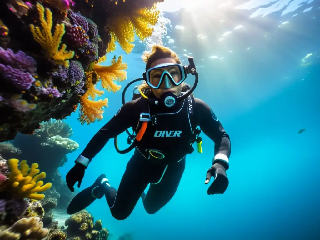 Un buzo con traje de buceo con regulación térmica nada elegante entre corales vibrantes en el fondo del mar, en una escena de tranquilidad y aventura