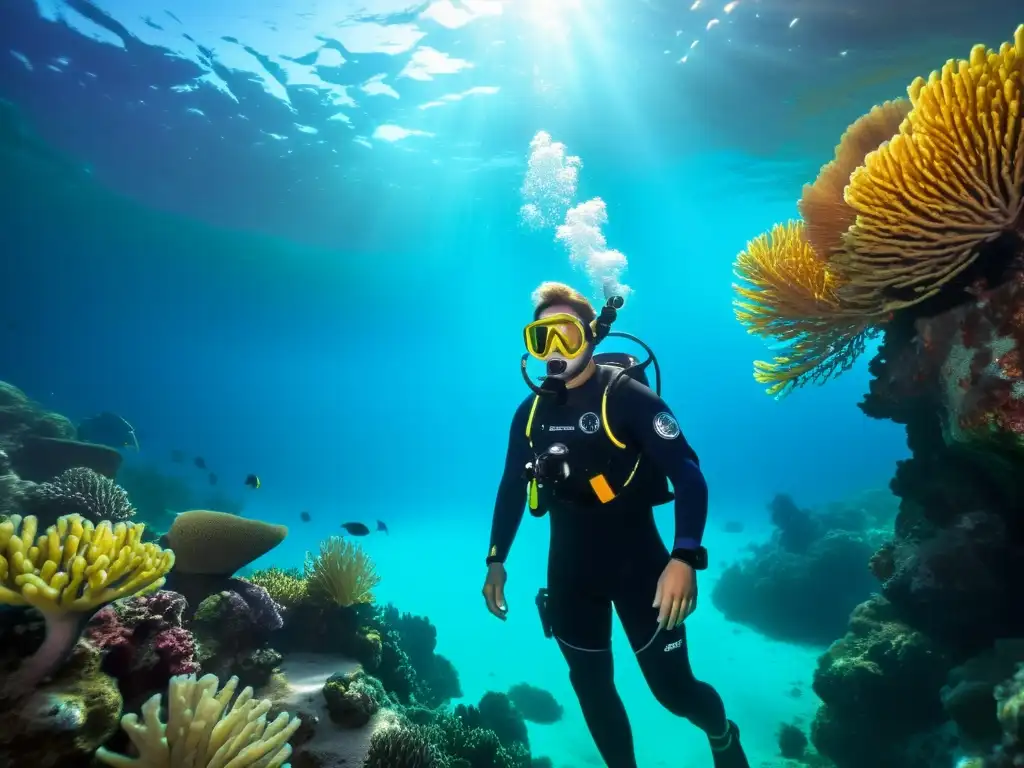 Un buzo con el traje de buceo con regulación térmica de Fourth Element explora un vibrante arrecife de coral y vida marina en aguas cristalinas