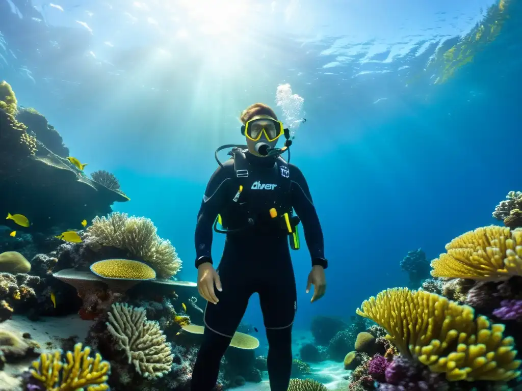 Un buzo con traje de buceo anti UV explora un vibrante arrecife de coral, destacando su protección en entornos acuáticos diversos