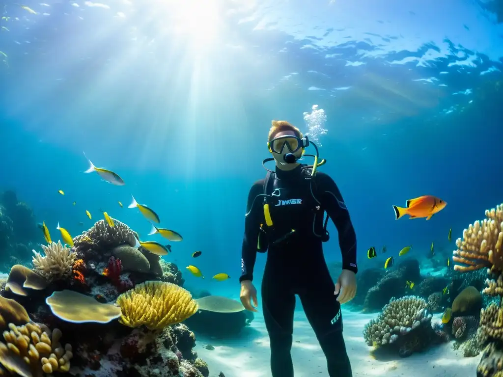 Un buzo con traje negro y aletas rojas explora arrecifes de coral, rodeado por peces coloridos