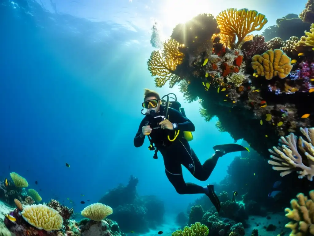 Un buzo con traje de neopreno explora un arrecife de coral vibrante, mostrando la belleza y biodiversidad del mundo submarino