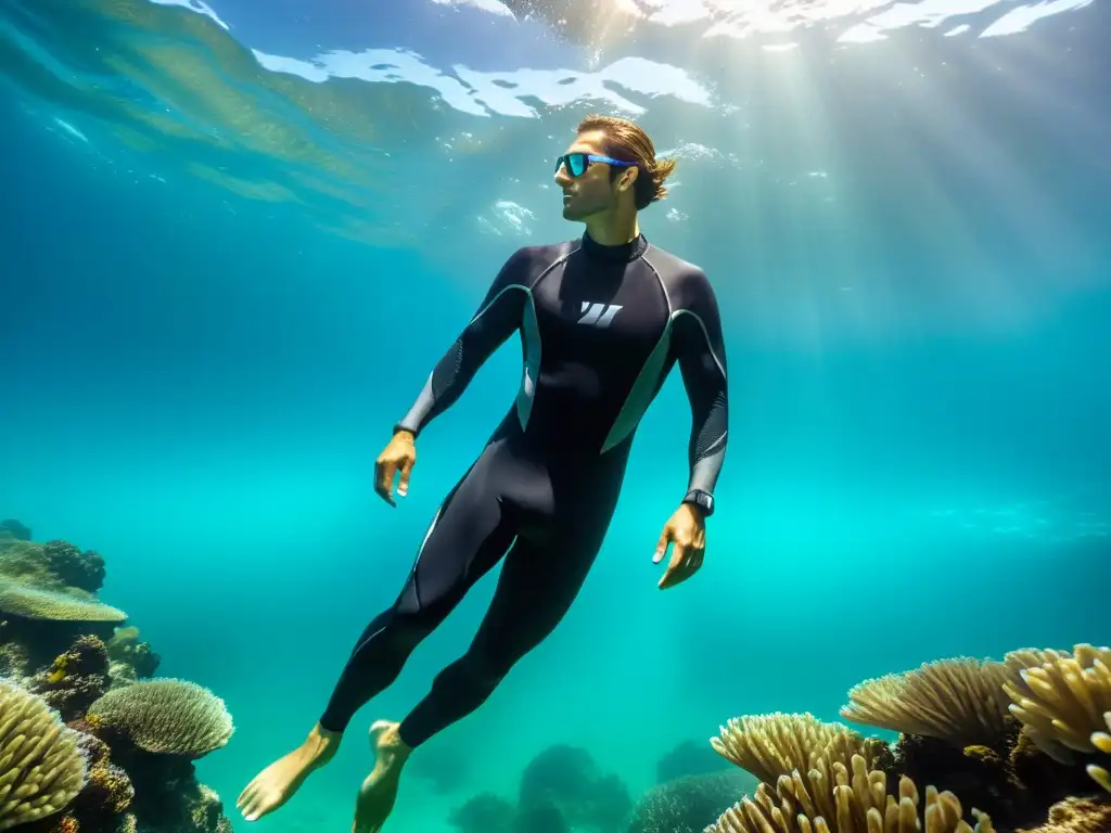 Un buzo con traje de neopreno surca elegante las aguas cristalinas, rodeado de vida marina