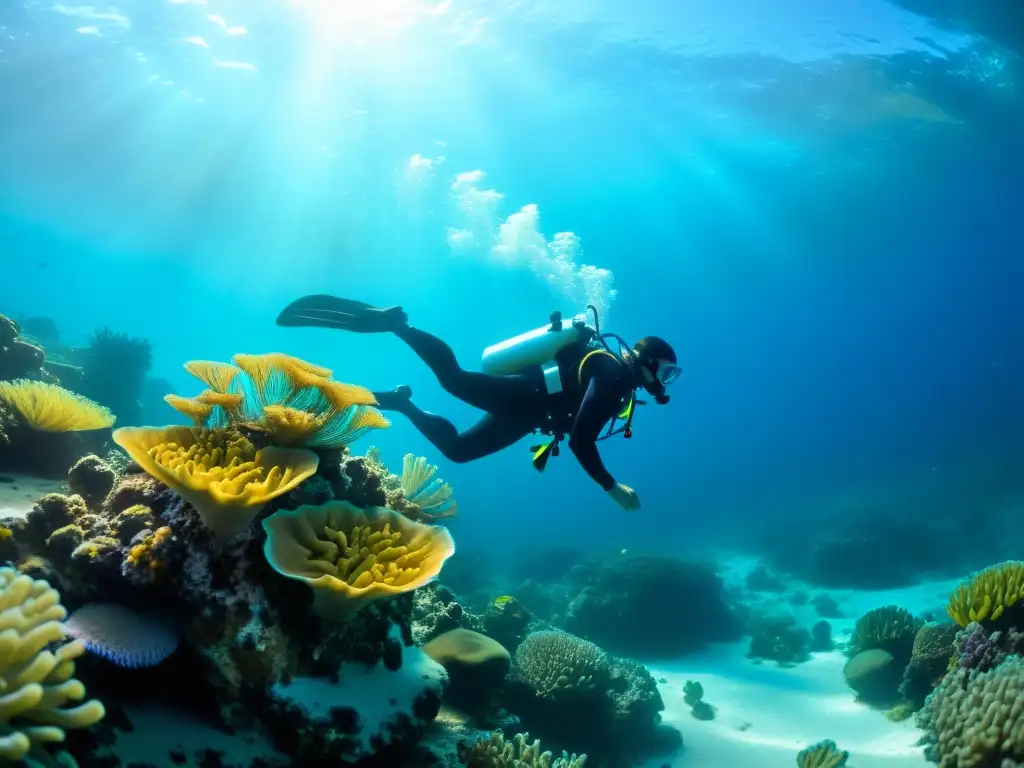 Un buzo en traje de neopreno nada junto a un arrecife de coral vibrante, mostrando una variedad de vida marina